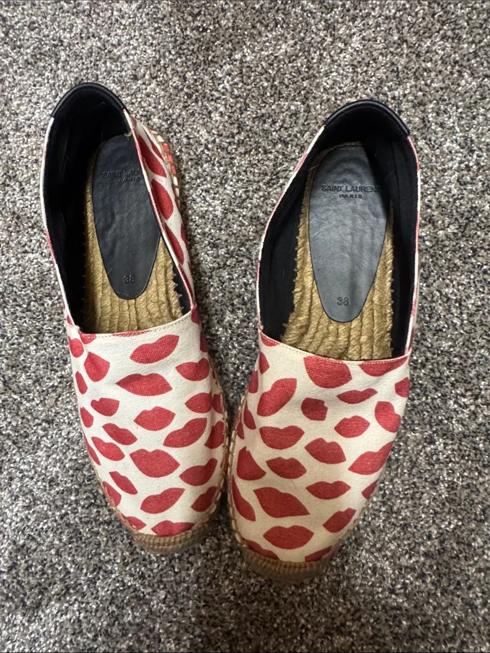 Saint Laurent Cream Espadrilles with Red Lip Print